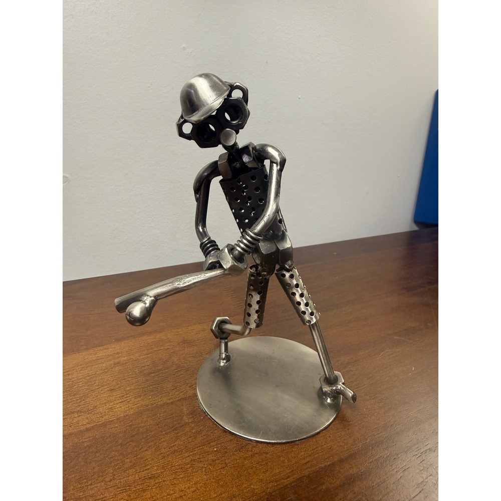 Metal Nut and Bolt Baseball Player Figurine Industrial Scrap Art Sports Decor